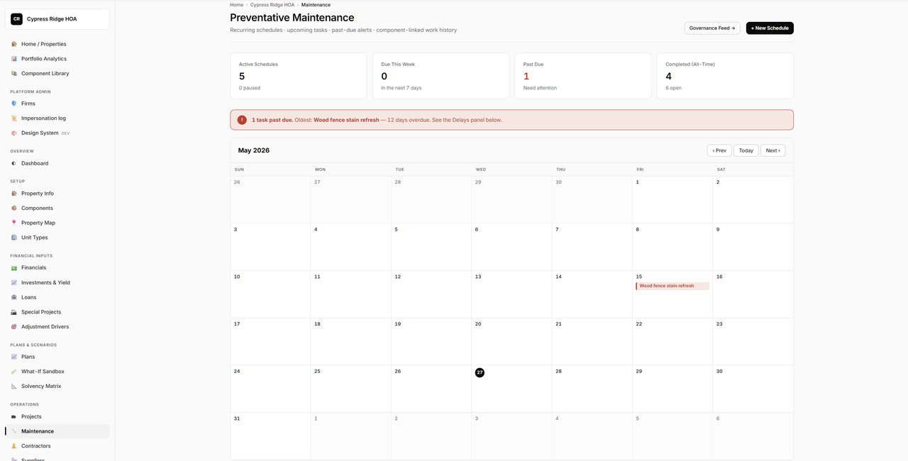 Maintenance calendar with recurring schedules and past-due alerts